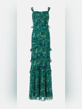 ✨️ SALONI Chandra Silk Emerald Green Tiered Floral Maxi Dress Gown 8